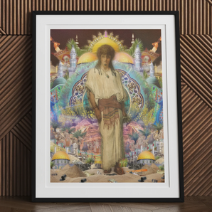 Silk Rodeo Romeo - Surreal Orientalist Collage Art Print, Framed Artwork Mystical Figure Surrounded Colorful Fantastical Imagery