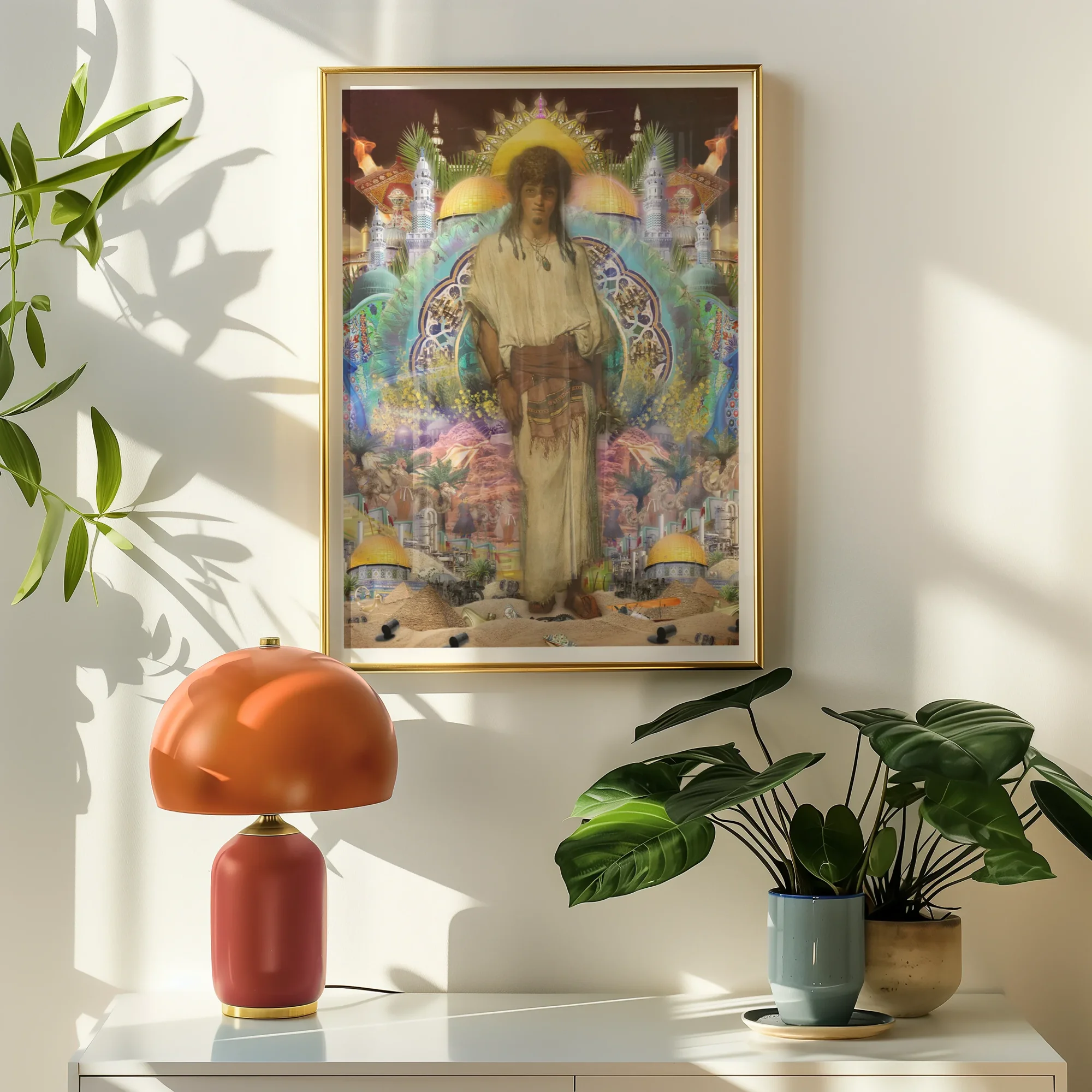 Silk Rodeo Romeo - Surreal Orientalist Collage Art Print, Framed Religious Artwork Central Figure Surrounded Colorful Imagery