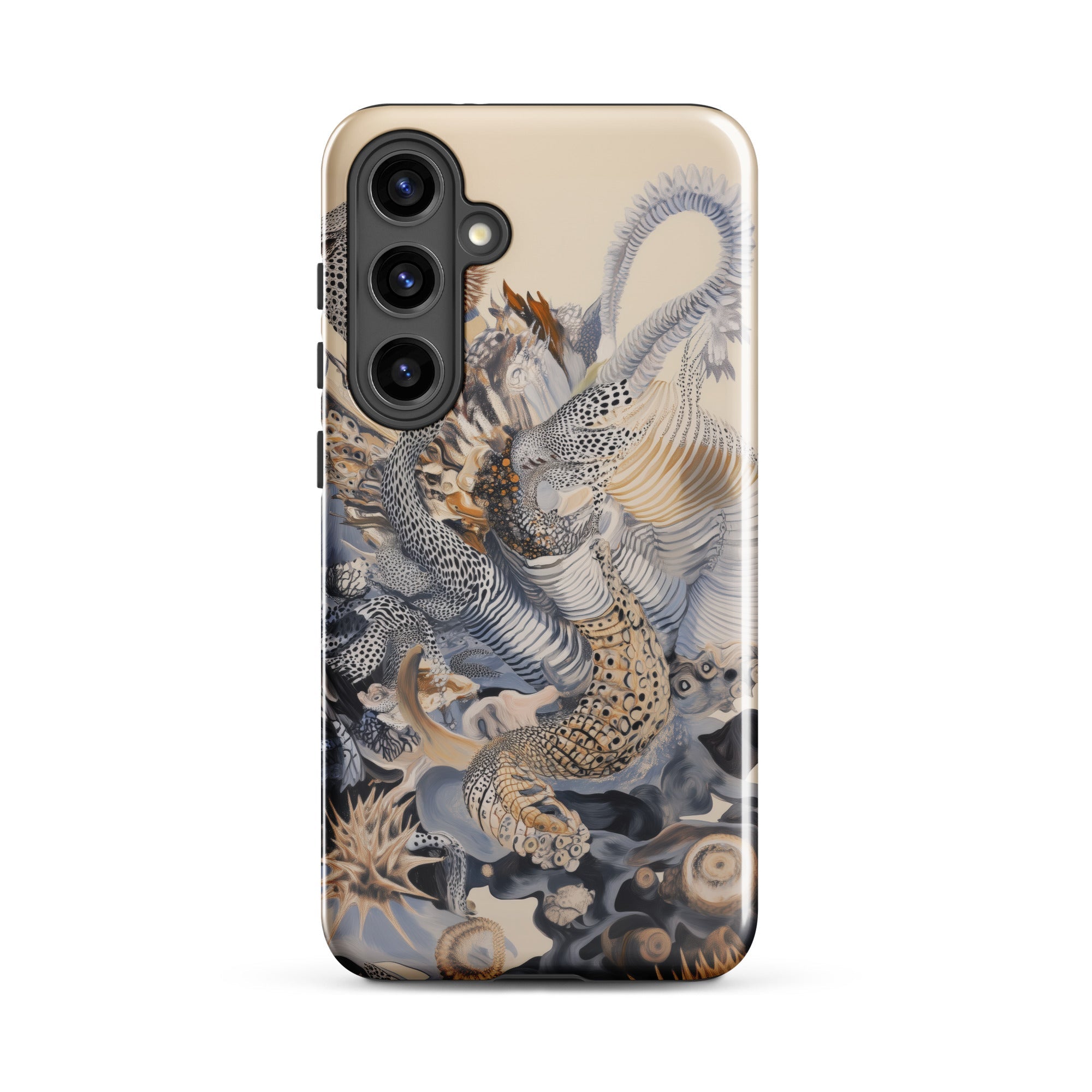 Sinuous Surreal Alien Sea Life Samsung Case, Galaxy S24 Plus / Gloss, Beige Smartphone Case Intricate Abstract Design Patterns Scales
