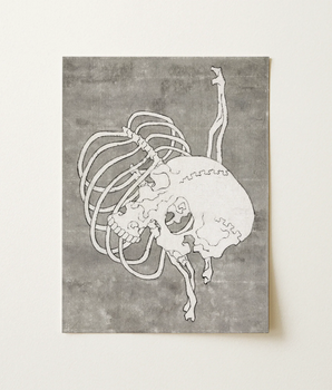 Gray Canvas Artwork Stylized White Skeletal Figure Ribcage Katsushika Hokusai, Turned, Weathered Slate-gray Ground, Studied Dutch