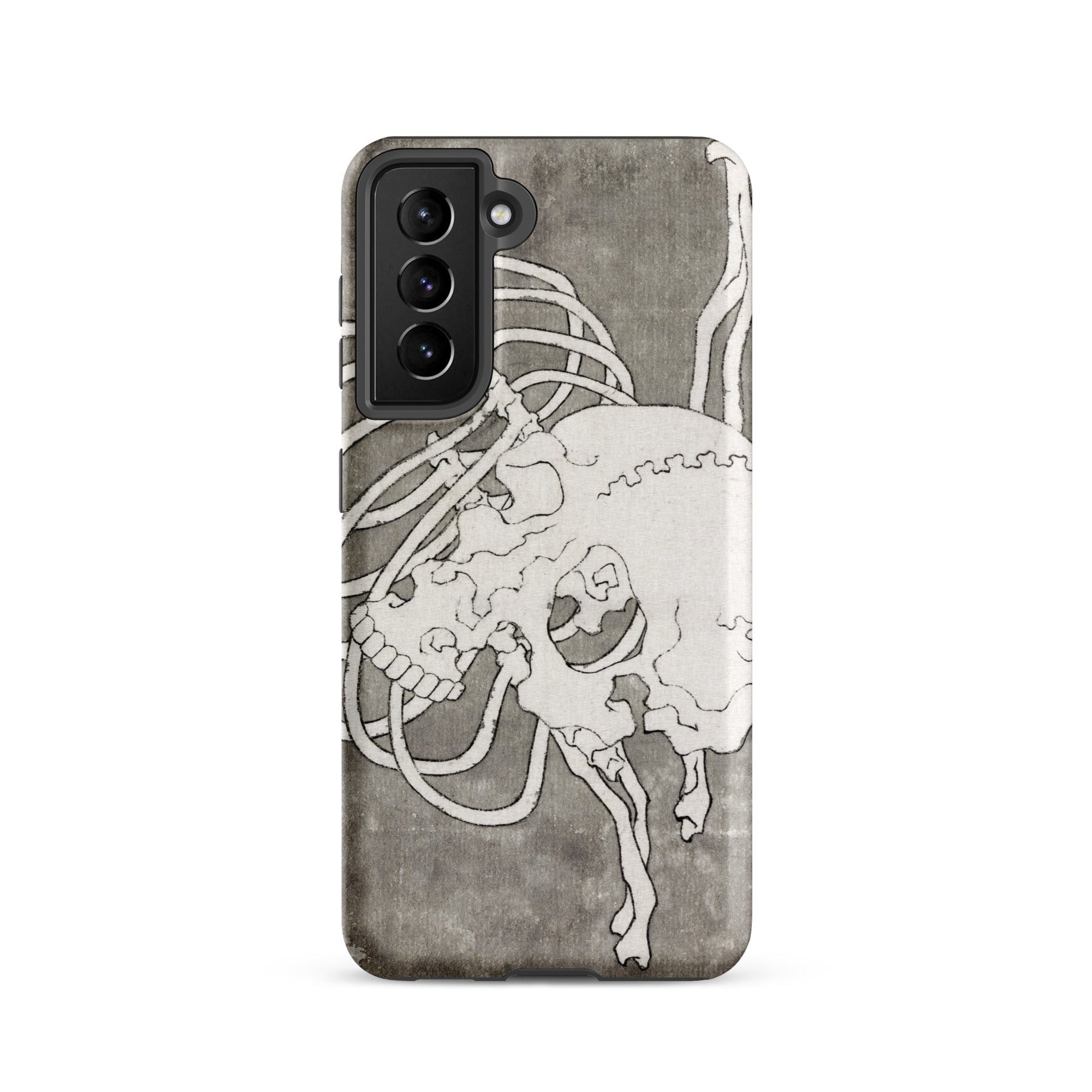Skull and a Rib Cage Katsushika Hokusai Samsung Case, Galaxy S21 / Matte, Smartphone Case White Skeletal Design Wires Distressed Gray