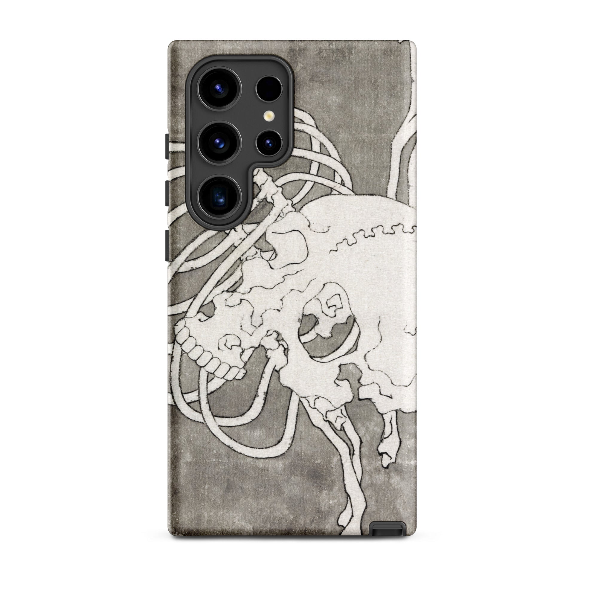 Skull and a Rib Cage Katsushika Hokusai Samsung Case, Galaxy S24 Ultra / Matte, Smartphone Case White Skeleton Design Gray Background
