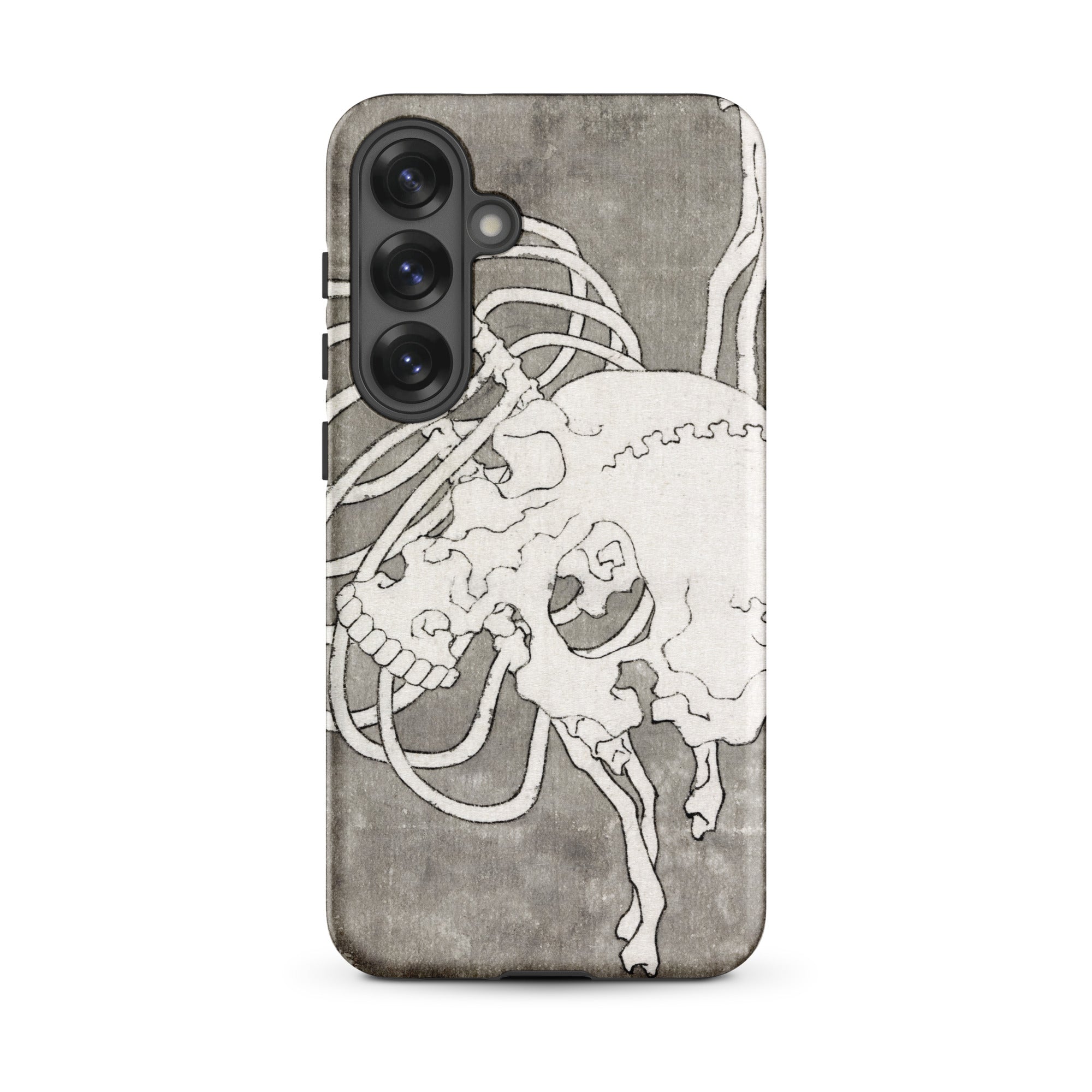 Skull and a Rib Cage Katsushika Hokusai Samsung Case, Galaxy S25 Plus / Matte, Smartphone Case White Skeleton Lines Dark Gray Background