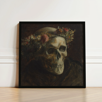 Skull Wearing a Wreath of Flowers - Thomas Satterwhite Noble Art Print / Canvas Framed Painting Adorned Floral Crown Rendered Dark, Crowned