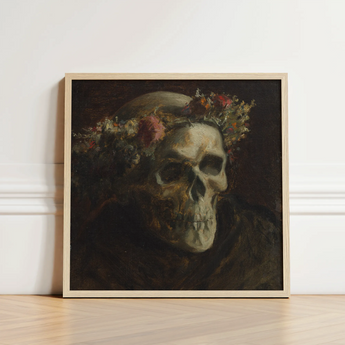 Skull Wearing a Wreath of Flowers - Thomas Satterwhite Noble Art Print / Canvas Framed Painting Adorned Floral Crown Rendered Dark, Crowned