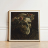 Skull Wearing a Wreath of Flowers - Thomas Satterwhite Noble Art Print / Canvas Framed Painting Adorned Floral Crown Rendered Dark, Crowned