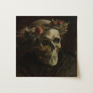 Skull Wearing a Wreath of Flowers - Thomas Satterwhite Noble Art Print / Canvas Darkly Painted Oil Painting Human Adorned Floral, Crowned