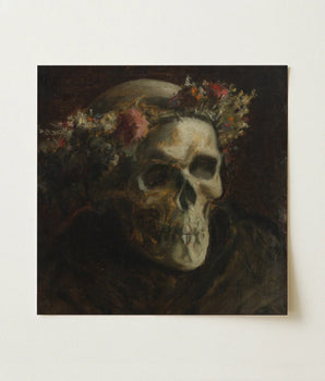 Darkly Painted Oil Painting Human Skull Adorned Floral Thomas Satterwhite, Noble Art, Crowned