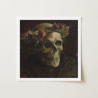 Skull Wearing a Wreath of Flowers - Thomas Satterwhite Noble Art Print / Canvas Square-framed Adorned Floral Crown Rendered, Crowned Prints