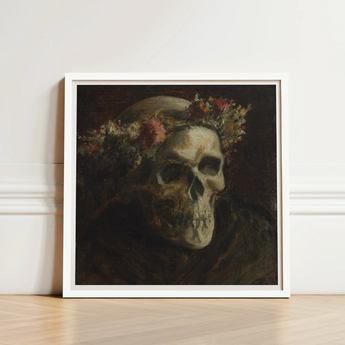 Skull Wearing a Wreath of Flowers - Thomas Satterwhite Noble Art Print / Canvas Framed Artwork Adorned Floral Crown Rendered Dark, Crowned