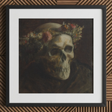 Skull Wearing a Wreath of Flowers - Thomas Satterwhite Noble Art Print, 12x12’’ / 31x31cm / Black Frame / 2’’ Matboard, Framed Painting