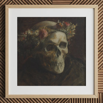 Skull Wearing a Wreath of Flowers - Thomas Satterwhite Noble Art Print, 12x12’’ / 31x31cm / Natural Frame / 2’’ Matboard, Framed Oil