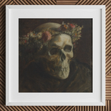 Skull Wearing a Wreath of Flowers - Thomas Satterwhite Noble Art Print, 12x12’’ / 31x31cm / White Frame / 2’’ Matboard, Framed Painting