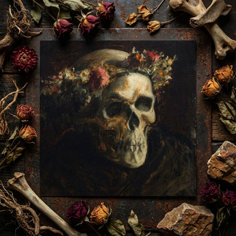 Skull Wearing a Wreath of Flowers - Thomas Satterwhite Noble Art Print / Canvas Dark Textured Canvas Painted Skull Adorned Dried Roses