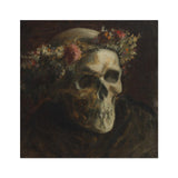 Skull Wearing a Wreath of Flowers - Thomas Satterwhite Noble Art Print, Oil Painting Human Skull Adorned Floral Wreath