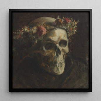 Skull Wearing a Wreath of Flowers - Thomas Satterwhite Noble Framed Canvas, 12x12’’ / 31x31cm / Black Floating Frame, Framed Oil Painting