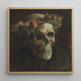 Skull Wearing a Wreath of Flowers - Thomas Satterwhite Noble Framed Canvas, 12x12’’ / 31x31cm / Natural Floating Frame, Oil Painting Skull