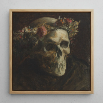 Skull Wearing a Wreath of Flowers - Thomas Satterwhite Noble Framed Canvas, 12x12’’ / 31x31cm / Natural Floating Frame, Oil Painting Skull