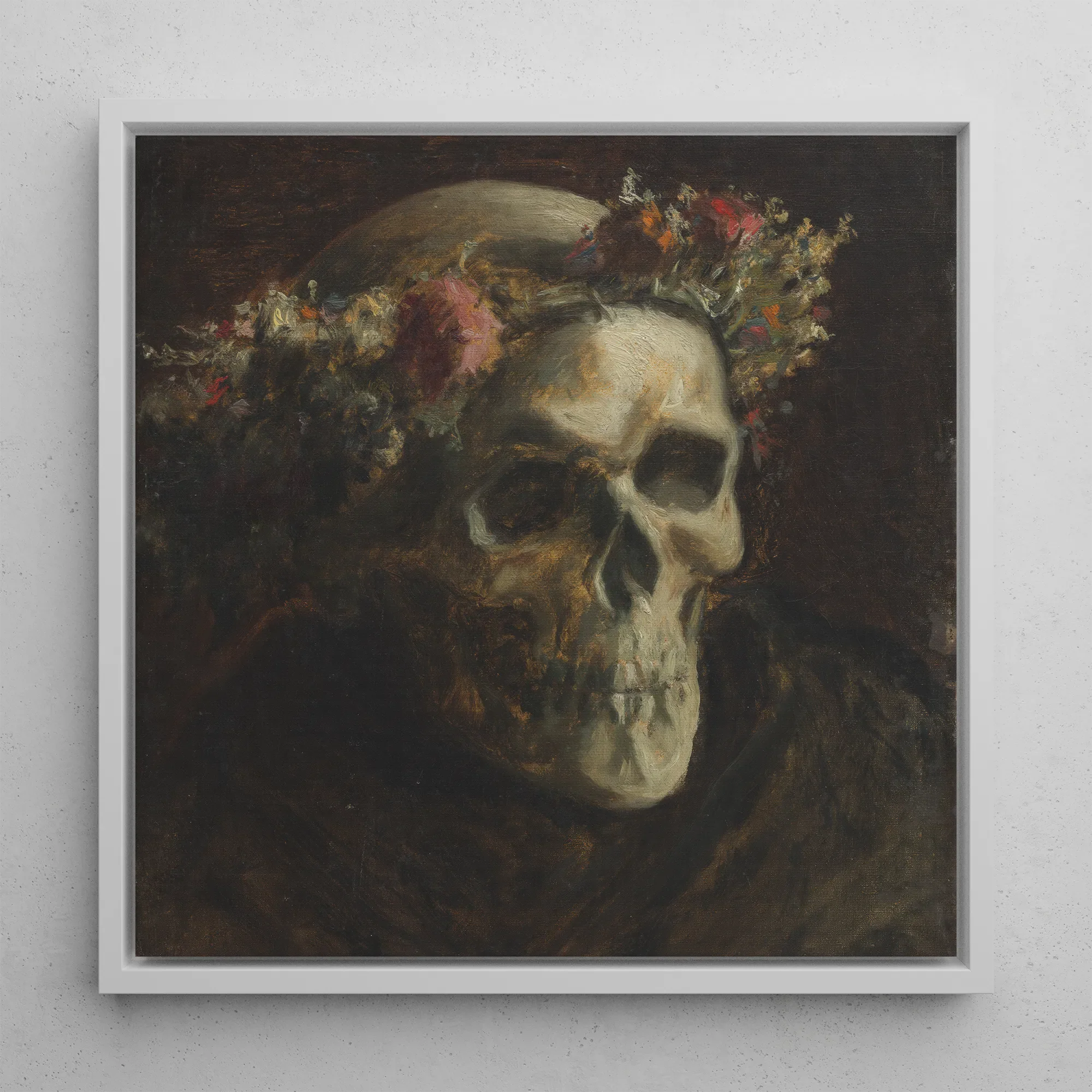 Skull Wearing a Wreath of Flowers - Thomas Satterwhite Noble Framed Canvas, 12x12’’ / 31x31cm / White Floating Frame, Framed Oil Painting