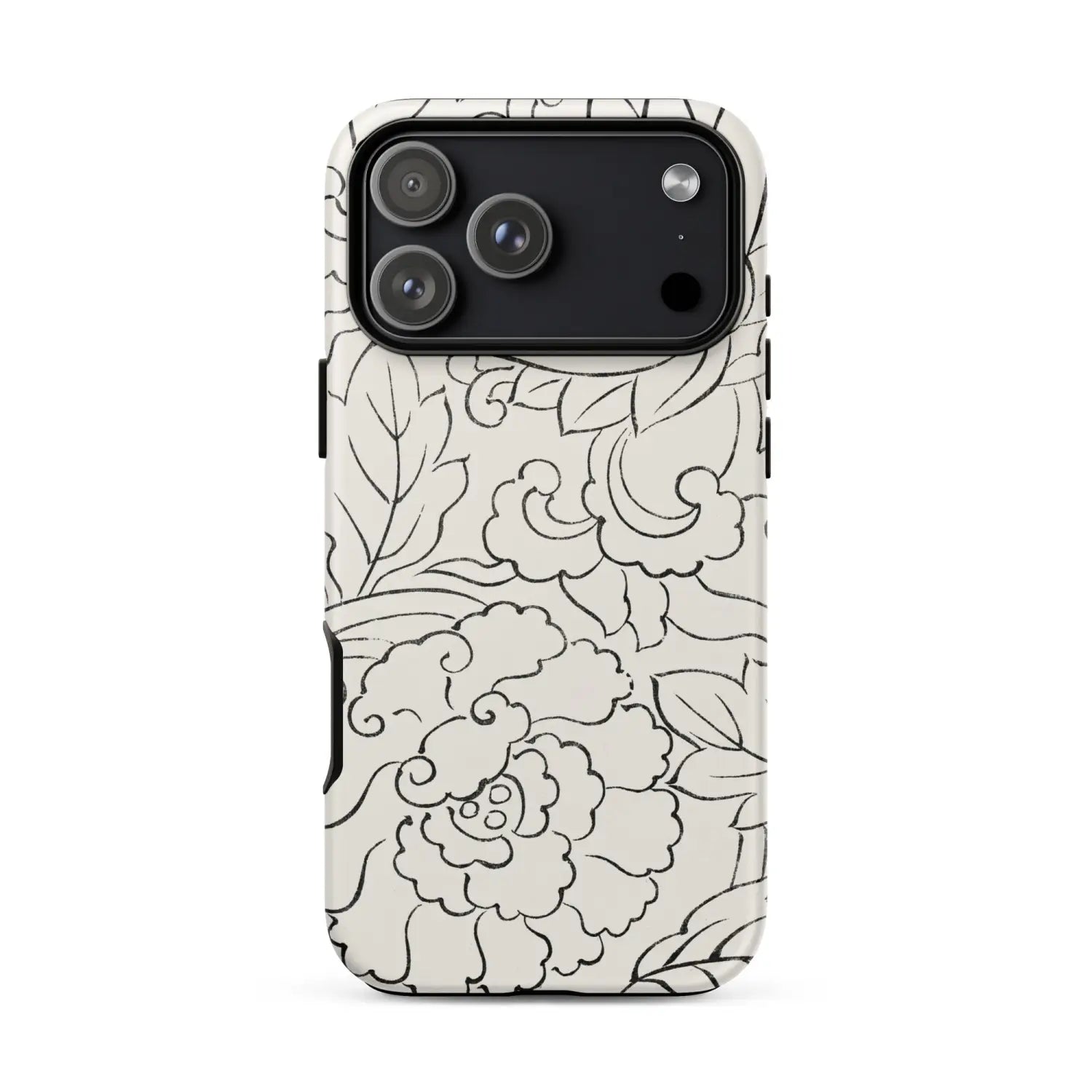 Sleek off-white iPhone case with modern art black line floral design by Toby Leon