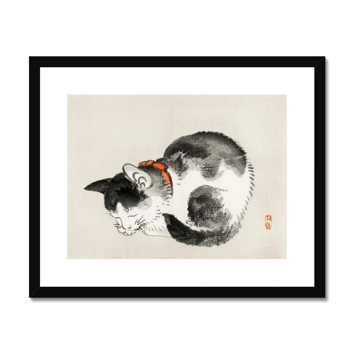 Sleeping Cat Kōno Bairei Meiji Era Animal Art Print, Black White Cat Painted Traditional Asian Ink Wash