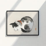 Black White Ink Painting Cat Orange Collar Framed Kōno Bairei’s Mesmerizing Sleeping, Woodblock Print, Edo-era Japan Feline Art