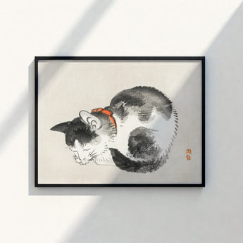 Black White Ink Painting Cat Orange Collar Framed Kōno Bairei’s Mesmerizing Sleeping, Woodblock Print, Edo-era Japan Feline Art