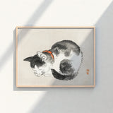 Framed Ink Wash Painting Black White Cat Orange Kōno Bairei’s Mesmerizing Sleeping, Woodblock Print, Edo-era Japan Feline Art