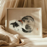 Sleeping Cat - Kōno Bairei Meiji-era Animal Art Print, Framed Watercolor Painting Black White Cat Red Collar