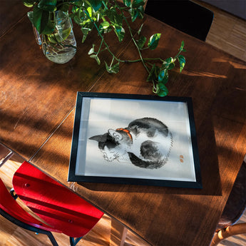 Sleeping Cat - Kōno Bairei Meiji-era Animal Art Print, Framed Watercolor Painting Cat Black White Tones