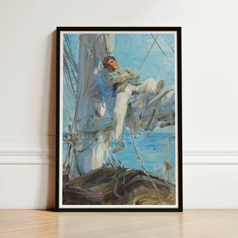 Sleeping Sailor - Henry Scott Tuke Art Print / Canvas Framed Painting Man White Attire Deck Sailboat Rendered, Frames, Young, Nested, Dark