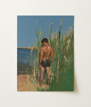 Slick Reed - Gay Lake Cruising Art Print / Canvas Rectangular Painting Shirtless Man Dark Swim Trunks