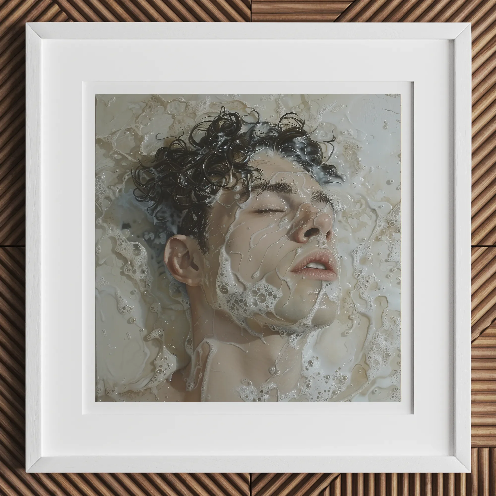 Slip n Slide - Subtle Homoerotic Wall Art Print, 12x12’’ / 31x31cm / White Frame, Framed Print Person Closed Eyes Curly Hair Partially
