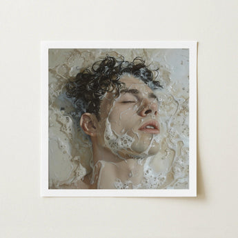 Slip n Slide - Subtle Homoerotic Wall Art Print / Canvas Framed Artwork Man Dark Curly Hair Submerged Soapy Milk, Slipping, Warm, Private