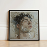 Black-framed Art Print Serene Portrait Man Dark Curly Milk, Slipping, Warm, Private Ecstasies