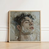 Framed Artwork Man Dark Curly Hair Submerged Bubbly Milk, Slipping, Warm, Private Ecstasies