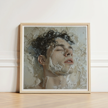 Framed Artwork Man Dark Curly Hair Submerged Bubbly Milk, Slipping, Warm, Private Ecstasies