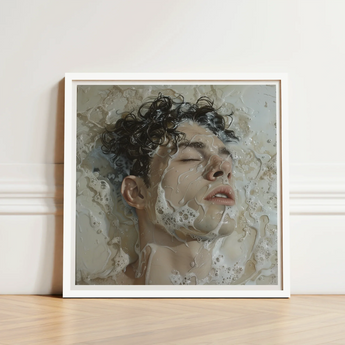 Framed Artwork Man Dark Curly Hair Submerged Bubbly Milk, Slipping, Warm, Private Ecstasies