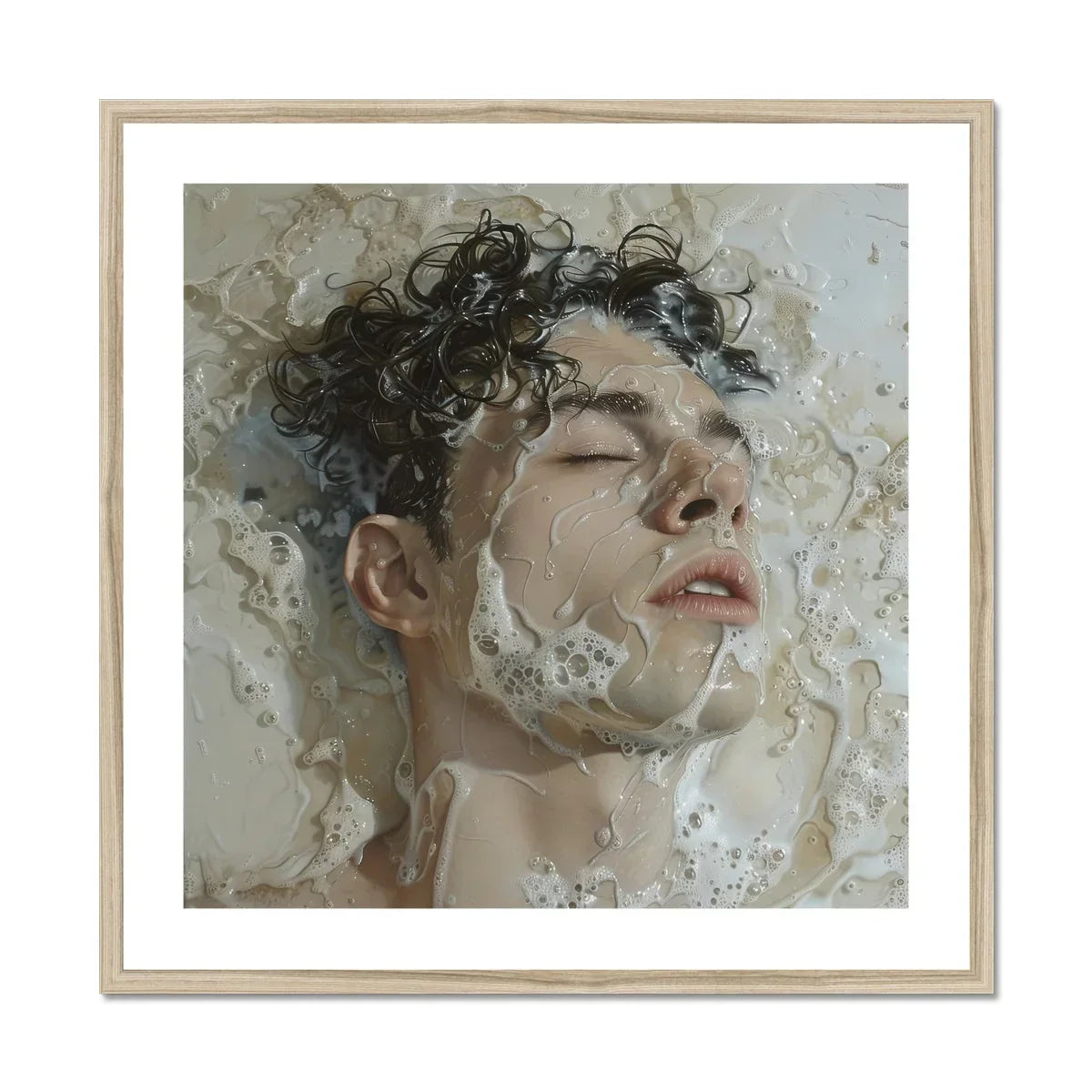 Slip n Slide Subtle Homoerotic Wall Art Print, Framed Artistic Portrait Person Curly Dark Hair Closed