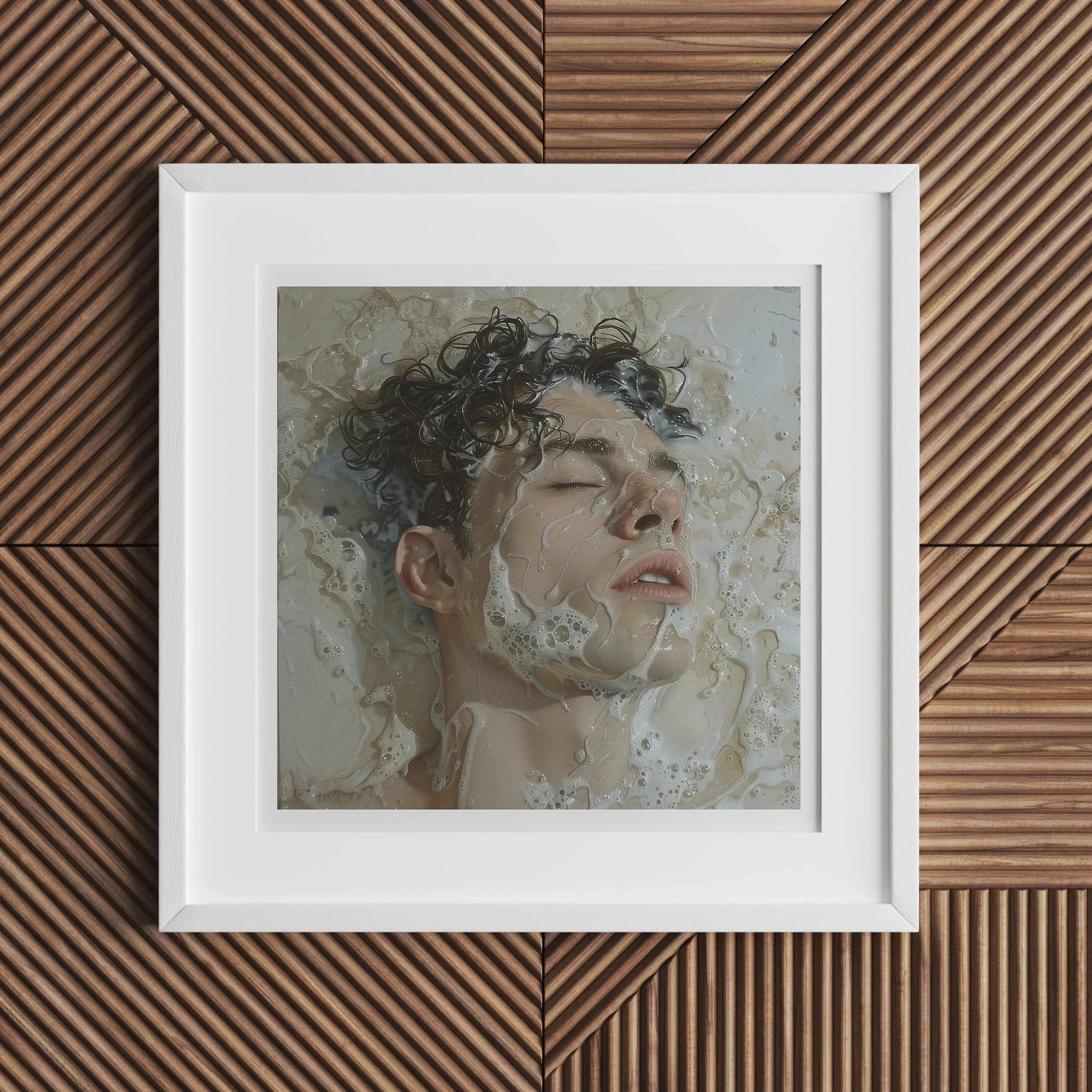 Slip n Slide Subtle Homoerotic Wall Art Print, Framed Portrait Painting Person Curly Hair Surrounded Water