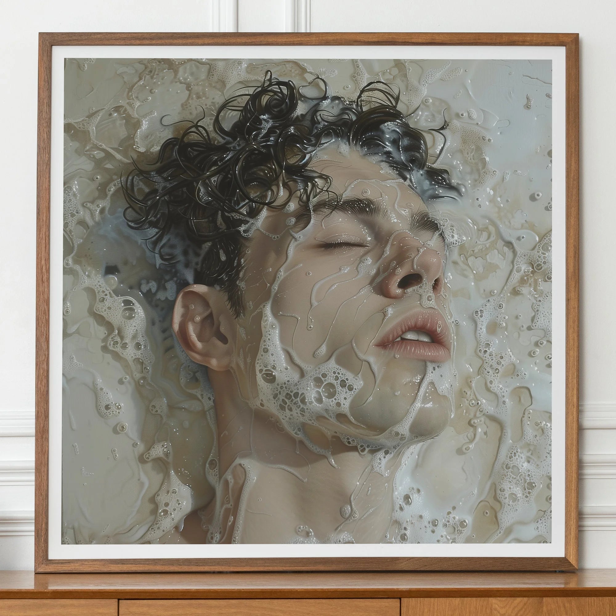 Slip n Slide - Subtle Homoerotic Wall Art Print, Hyper-realistic Painting Person’s Face Covered Water Soap Bubbles