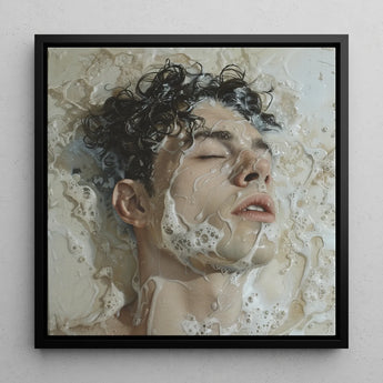 Slip and Slide - Subtle Homoerotic Framed Canvas, 12x12’’ / 31x31cm / Black Floating Frame, Hyper-realistic Painting Person’s Face Covered
