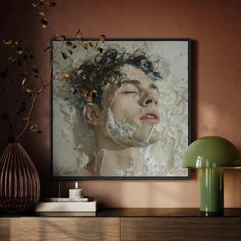 Slip and Slide - Subtle Homoerotic Framed Canvas, Framed Portrait Painting Person Closed Eyes Flowers Hair