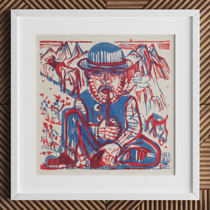 Smoking Peasant - Ernst Ludwig Kirchner Art Print, 12x12’’ / 31x31cm / White Frame / 2’’ Matboard, Framed Abstract Artwork Stylized Figure