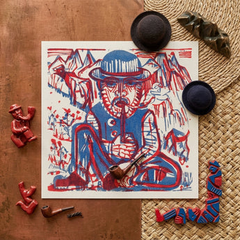 Smoking Peasant - Ernst Ludwig Kirchner Art Print / Canvas Bold Red Blue Linocut Man Hat Pipe, Electrifying Woodcut, Prints