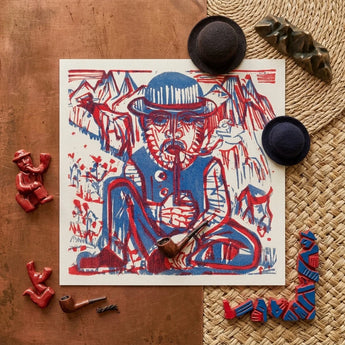 Smoking Peasant - Ernst Ludwig Kirchner Art Print / Canvas Bold Red Blue Linocut Man Hat Pipe, Electrifying Woodcut, Prints