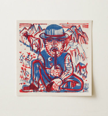 Square-format Red Blue Linocut Print Seated Figure Bowler Ernst Ludwig Kirchner, Electrifying Woodcut, Smoking Peasant