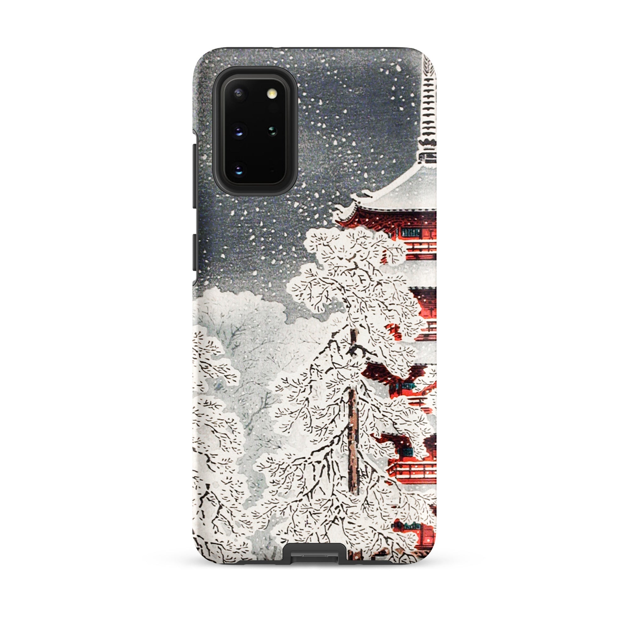 Snow at Asakusa Takahashi Shōtei Shin Hanga Samsung Case, Galaxy S20 Plus / Matte, Black Smartphone Case Snowy Japanese Temple Trees Design