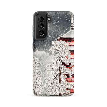 Snow at Asakusa - Takahashi Shōtei Shin-hanga Samsung Case, Galaxy S21 Fe / Matte, Black Phone Case Snowy Japanese Temple Trees Design