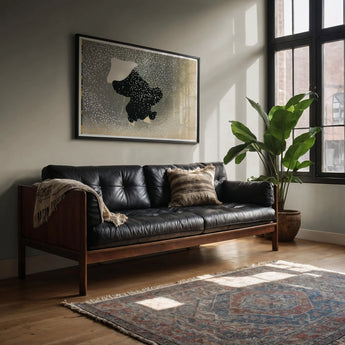 Snow - Kamisaka Sekka Meiji Period Art Print, Black Leather Tufted Sofa Wooden Frame